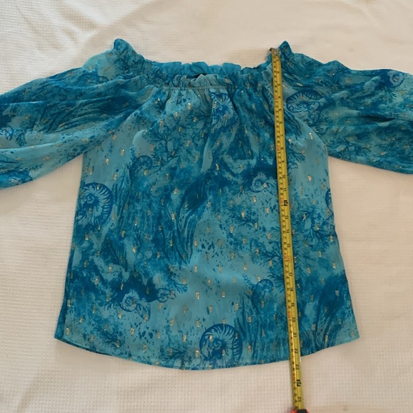 White House Black Market teal on/off the shoulder clip dot lined blouse size XS - Picture 9 of 9